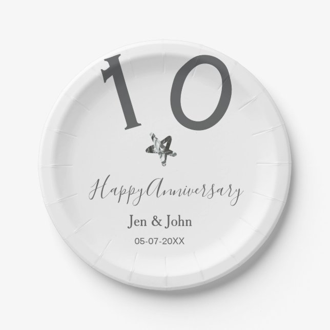 Plato De Papel Feliz 10 aniversario fecha estrella metalizado gri (Anverso)