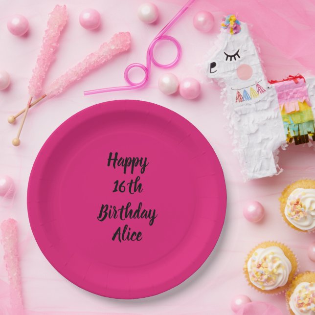 Plato De Papel Feliz 16º cumpleaños Pink Black Custom Name Girly (Fiesta)