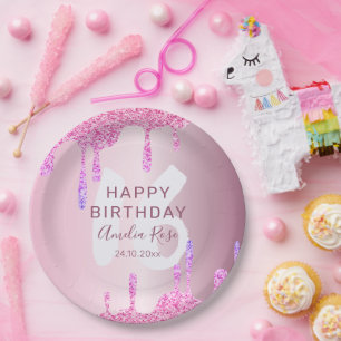 Plato De Papel Feliz 16 cumpleaños Purpurina gotea metal rosado