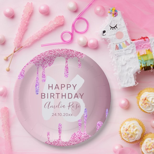 Plato De Papel Feliz 16 cumpleaños Purpurina gotea metal rosado (Fiesta)