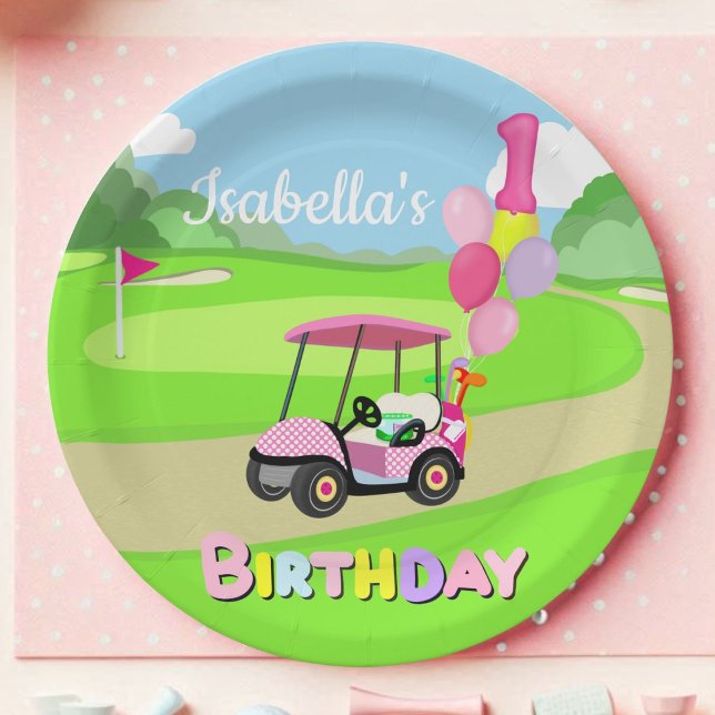 Plato De Papel Feliz 1er cumpleaños Polka Dot Pink Girly Golf (Subido por el creador)