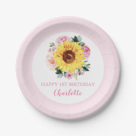 Plato De Papel Feliz 1er cumpleaños Sunflower Pink Floral