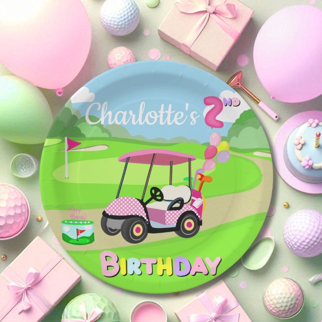 Plato De Papel Feliz 2º cumpleaños Polka Dot Pink Girly Golf (Subido por el creador)
