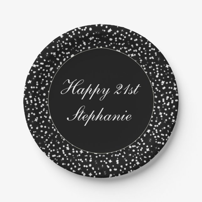 Plato De Papel Feliz 21 cumpleaños Sparkle Confetti Black (Anverso)