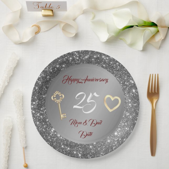 Plato De Papel Feliz 25º aniversario de Love Silver Personalizar (Boda)