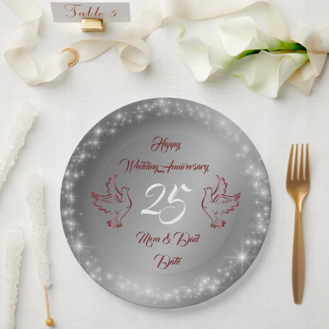 Plato De Papel Feliz 25° Aniversario del Personalizar Sparkly (Boda)