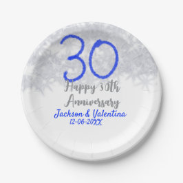 Plato De Papel Feliz 30 aniversario de bodas con brillo azul plat