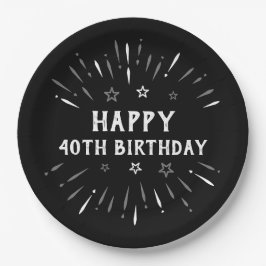 Plato De Papel Feliz 40 cumpleaños fuegos artificiales Gris blanc