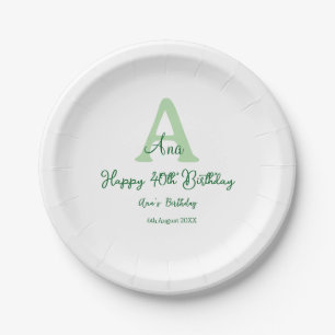 Plato De Papel Feliz 40 cumpleaños verde añadir nombre monograma 