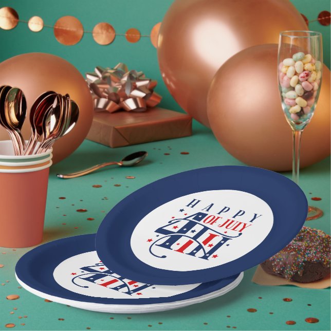 Plato De Papel Feliz 4 de julio Blanco Rojo y Azul (Multi)