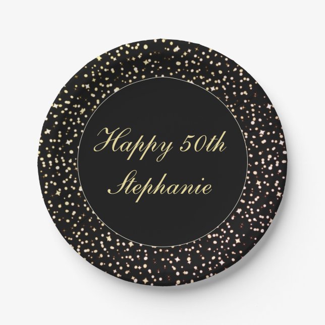 Plato De Papel Feliz 50 aniversario Sparkle Confetti Oro Negro (Anverso)