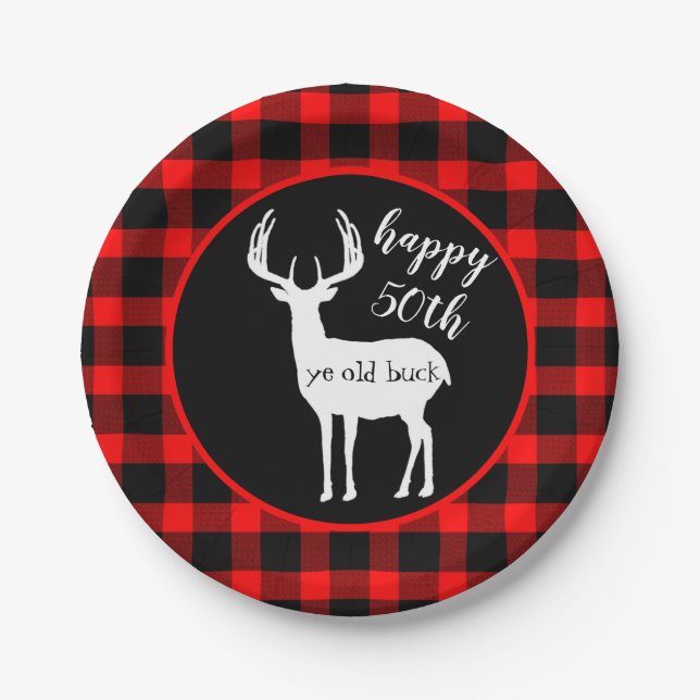 Plato De Papel Feliz 50 cumpleaños, viejo Buck Buffalo Plaid (Anverso)