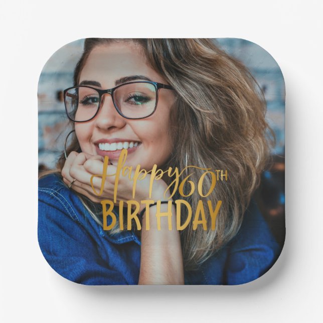 Plato De Papel Feliz 60 aniversario Script de foto personalizada (Anverso)