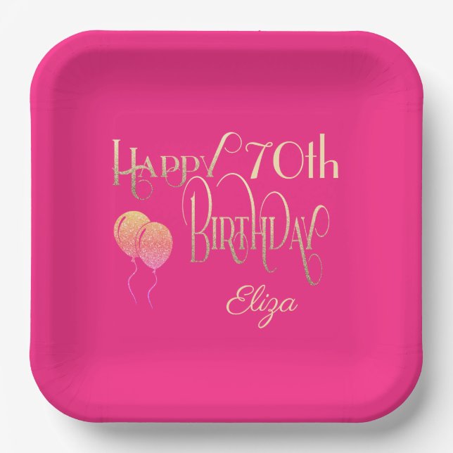 Plato De Papel Feliz 70 aniversario Ornate Script Gold Pink (Anverso)