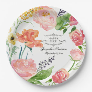 Plato De Papel Feliz 90 aniversario fiesta acuarela Rosa floral