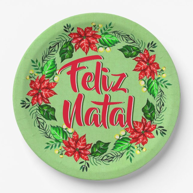 Plato De Papel Feliz 9 de navidad en portugués navideño navideño (Anverso)