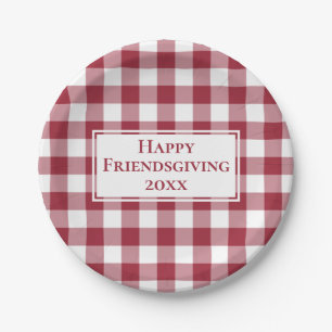 Plato De Papel Feliz amistad a Borgoña White Gingham Plaid