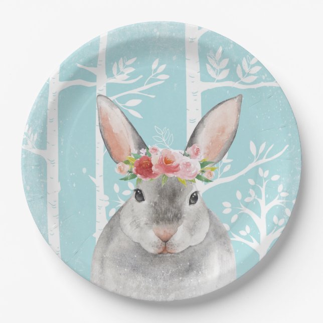 Plato De Papel Feliz animal con flores en Blue Forest-Bunny (Anverso)