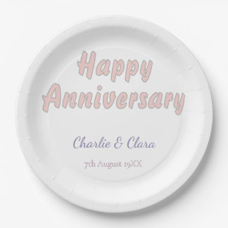 Plato De Papel Feliz aniversario agregar nombre rosa gris pastel 