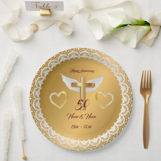 Plato De Papel Feliz aniversario de encaje dorado personalizado (Boda)