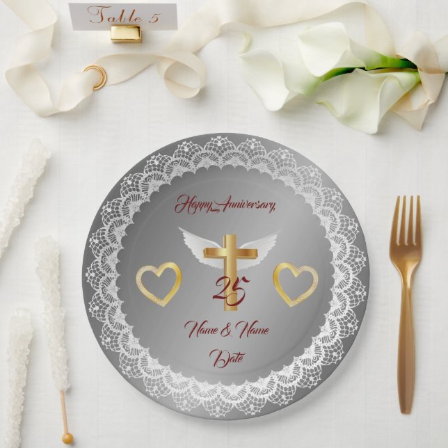 Plato De Papel Feliz Aniversario de Silver Lace de Personalizar (Boda)