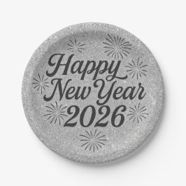 Plato De Papel Feliz Año Nuevo 2026, Purpurina y negro