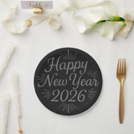 Plato De Papel Feliz Año Nuevo 2026, Purpurina y negro