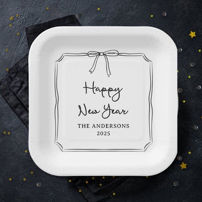 Plato De Papel ¡Feliz Año Nuevo! Bow blanco y negro personalizado (Subido por el creador)