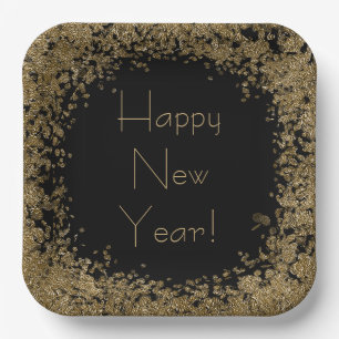 Plato De Papel Feliz Año Nuevo Elegante Purpurina Negro y Oro