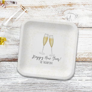 Plato De Papel Feliz Año Nuevo Fiesta Champagne Watercolor Gold