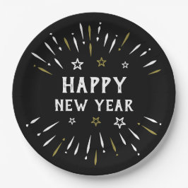 Plato De Papel Feliz Año Nuevo fuegos artificiales Estrellas de O