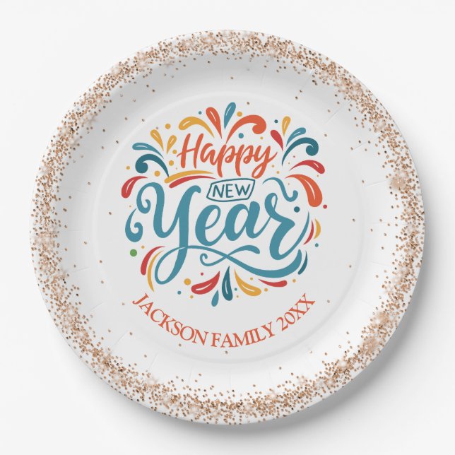 Plato De Papel Feliz Año Nuevo personalizado (Anverso)