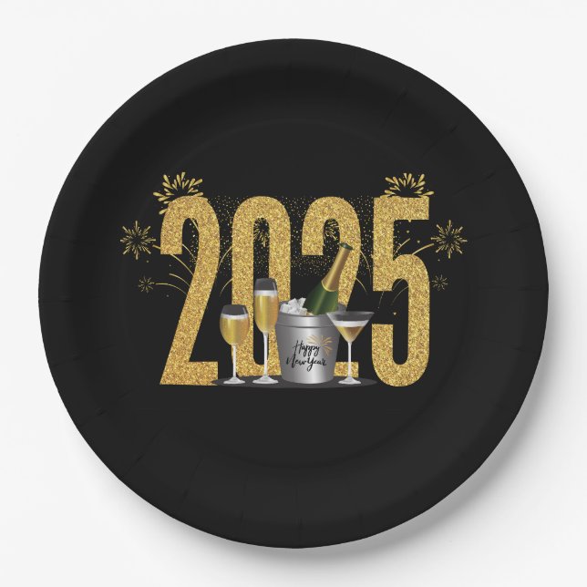 Plato De Papel Feliz Año Nuevo - Placa dorada negra (Anverso)