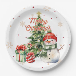 Plato De Papel Feliz árbol de Navidad Snowman y presente