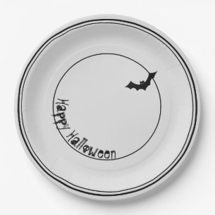 Plato De Papel Feliz Bat Silhouette de Halloween Negro/Blanco
