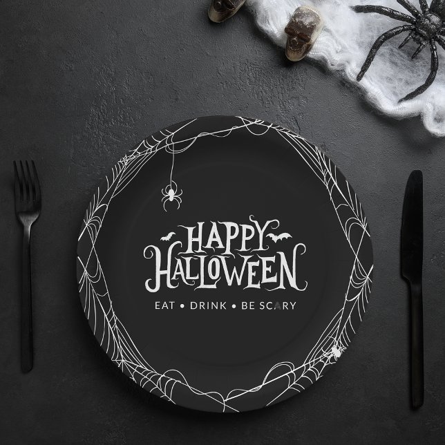Plato De Papel Feliz bebida de Araña de Halloween sea aterradora (Happy Halloween Spider Eat Drink Be Scary Paper Plates)