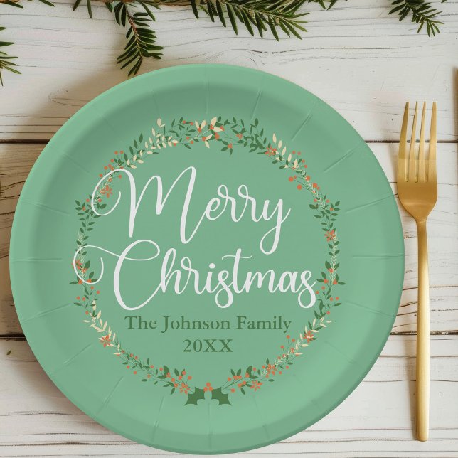 Plato De Papel Feliz Bonito navideña Fiesta Personalizado Green W (Subido por el creador)