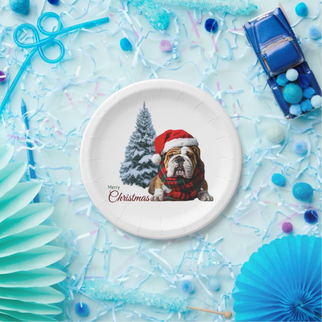 Plato De Papel Feliz Bulldog navideño (Fiesta)