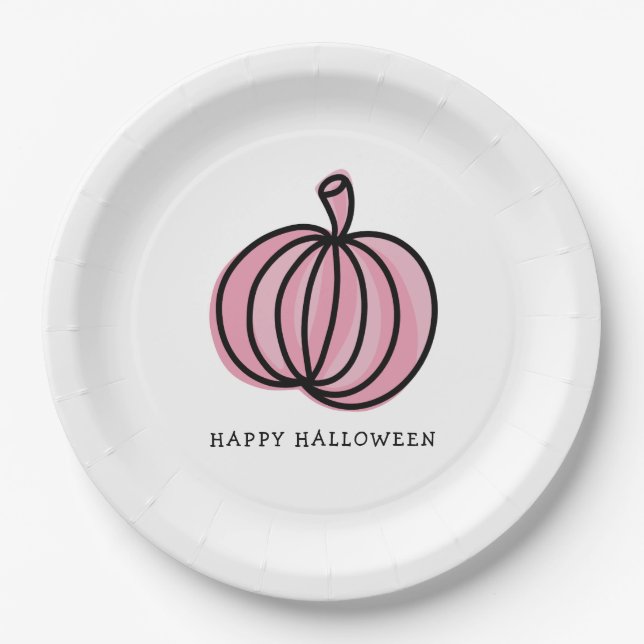 Plato De Papel Feliz Calabaza Rosa de Halloween (Anverso)