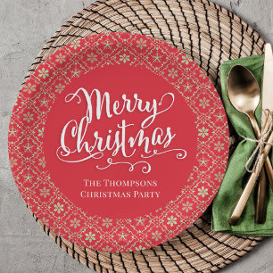 Plato De Papel Feliz caligrafía navideña guión rojo copo de nieve
