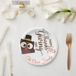 Plato De Papel Feliz cena de Acción de Gracias lindo búho