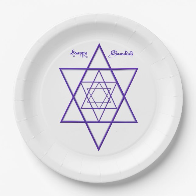 Plato De Papel Feliz Chanukah/Hanukkah en azul y blanco (Anverso)