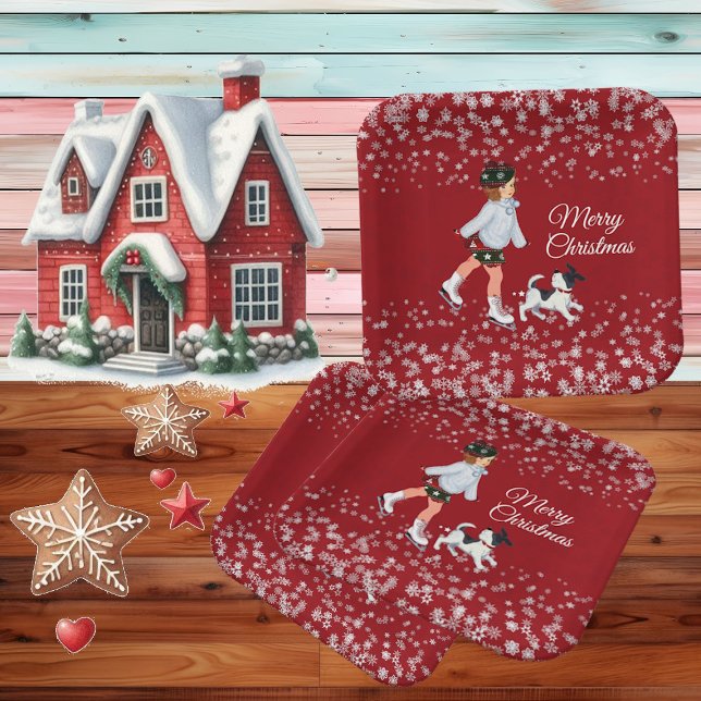 Plato De Papel Feliz Chica navideño niños Fiesta de copos de niev (Merry Christmas Girl Kids Winter Snowflakes Party Paper Plates)