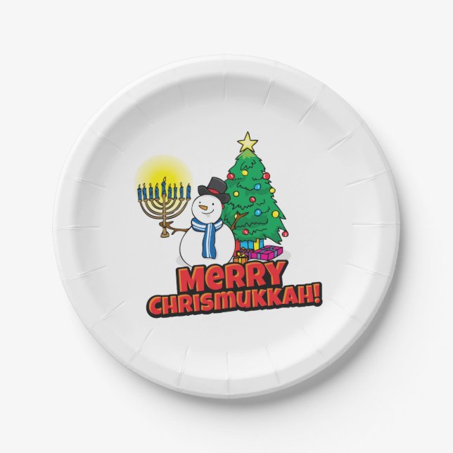 Plato De Papel Feliz Chrismukkah con Snowman y Menorah (Anverso)