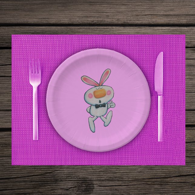 Plato De Papel Feliz conejo blanco con los dedos arriba Rótulo Bo (Happy white bunny thumbs up sign orange nose pink cheeks and ears on pin paper party plates.)