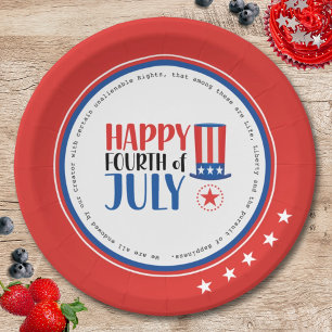 Plato De Papel Feliz cuarto de julio: Placa de papel blanco rojo