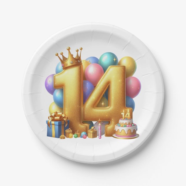 Plato De Papel Feliz cumpleaños 14 dorado (Anverso)