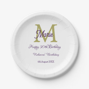 Plato De Papel Feliz cumpleaños 30 dorado nombre monograma modern