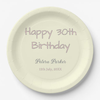 Plato De Papel feliz cumpleaños 30 rosa amarillo gris nombre en p