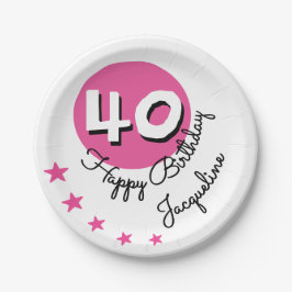Plato De Papel Feliz cumpleaños 40.º nombre personalizado rosado
